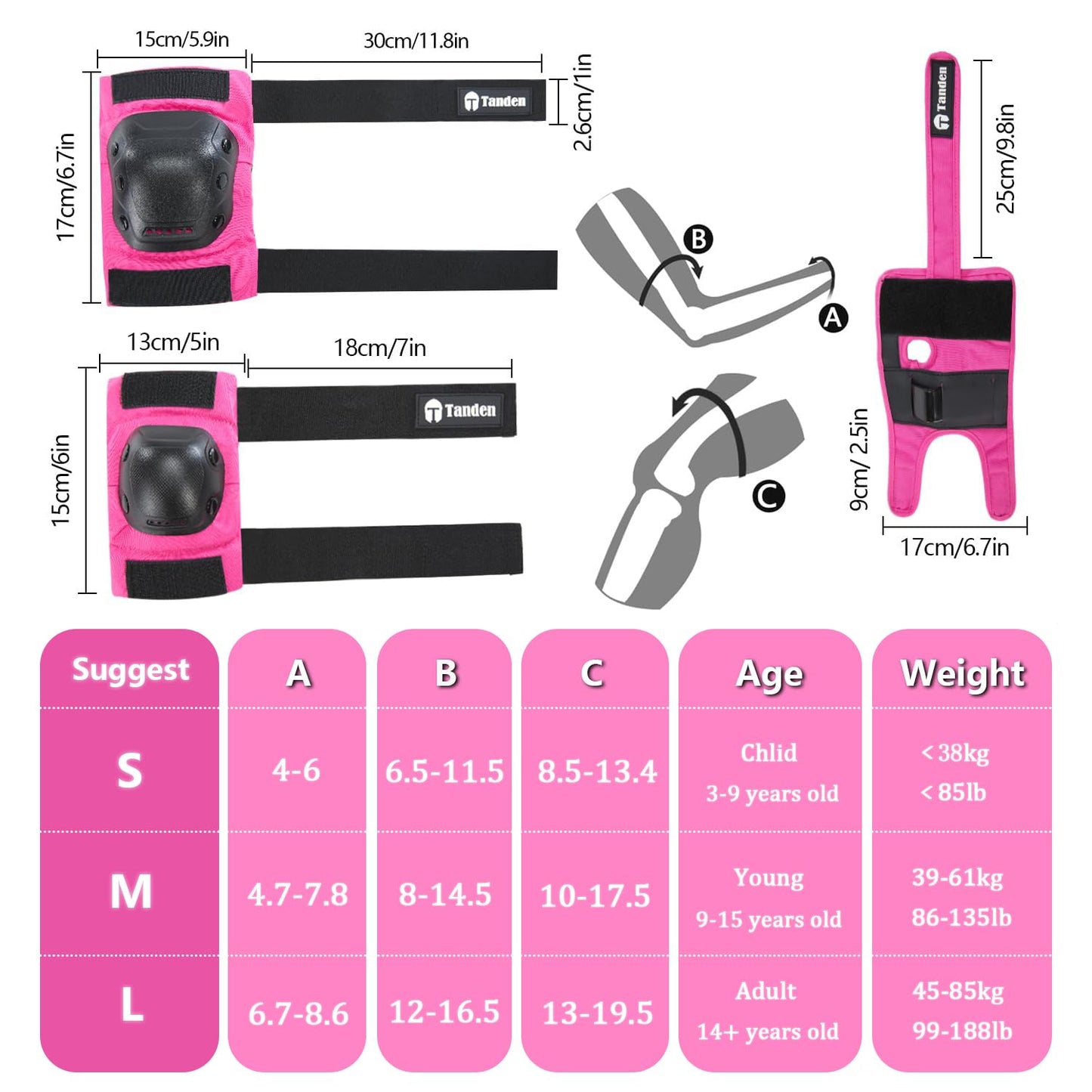 Skateboard Protective Gear Youth Knee and Elbow Pads Set, Wrist Guards for Roller Skating and Skateboarding - Pink