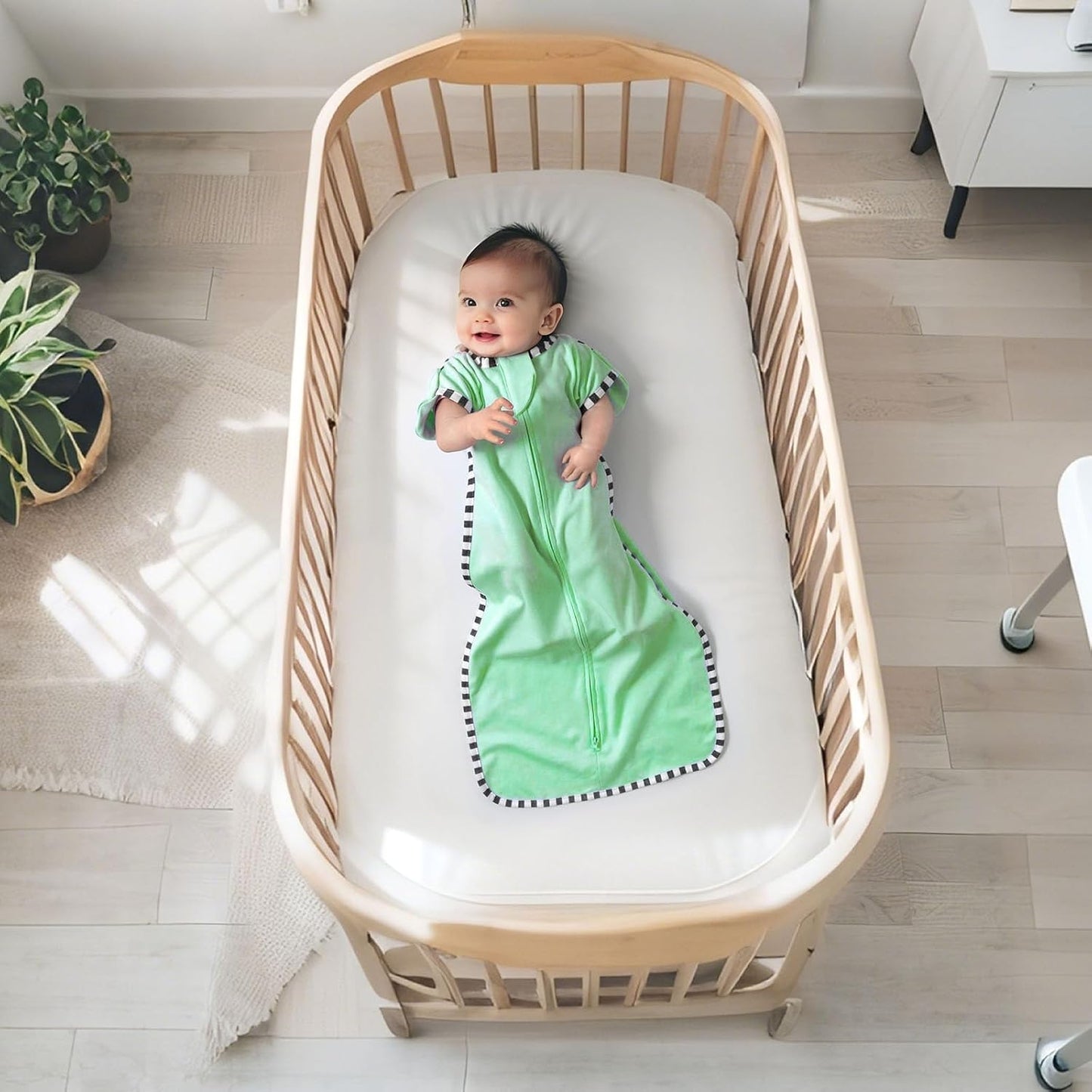 Transition Swaddle, 2 Pack 100% Cotton Baby Sleep Sack, 2-Way Zipper Infant Arm Up Swaddle for Newborn Baby Boys Girls (Green + Grey, L(6-9 Months))