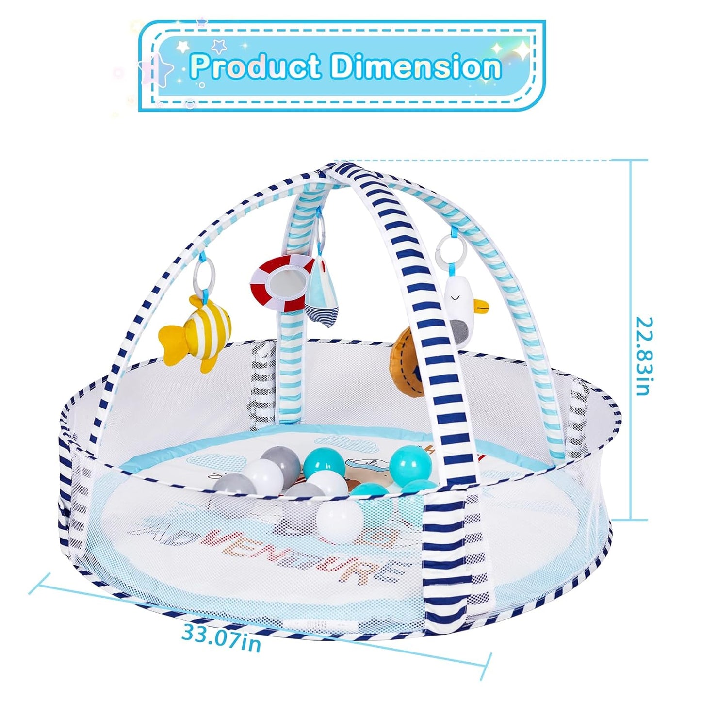 Baby Play Mat, 4-in-1 Baby Play Gym Tummy Time Mat with Ball Pit and 5 Detachable Toys for Newborn to Develop Sensory Exploration and Motor Skill 0-6-12 Months