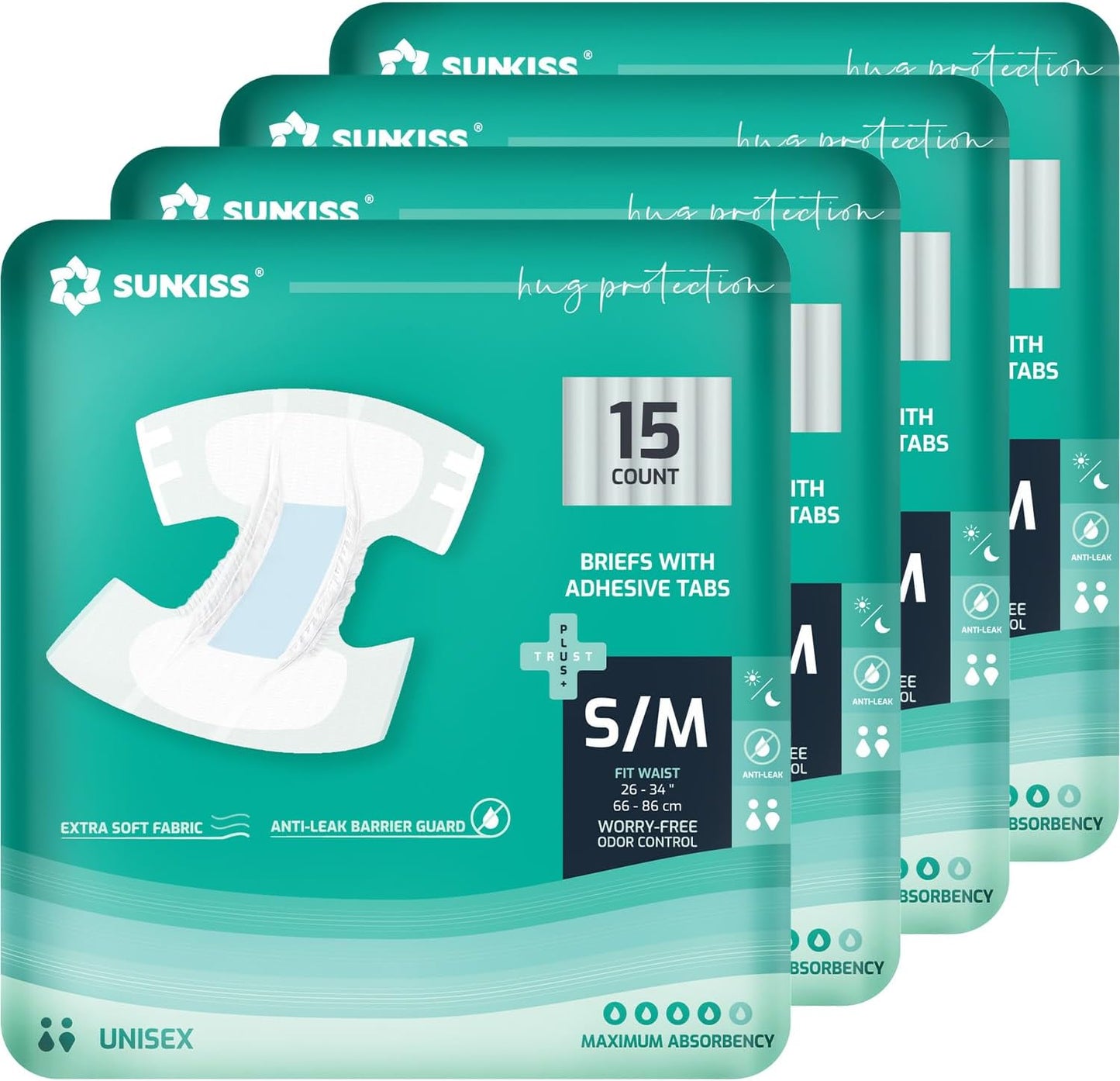SUNKISS TrustPlus Adult Diapers with Maximum Absorbency, Disposable Incontinence Briefs with Tabs for Men and Women, Maximum Overnight Absorbency, Small/Medium, 60 Count (4 Packs of 15)