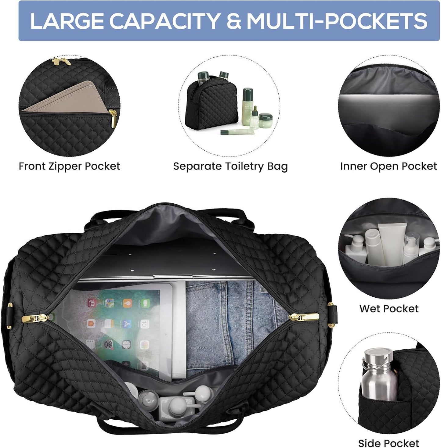 Travel Weekender Bags for Women - Duffle Bag Women with Shoe Compartment Carry On Overnight Bag with Toiletry Bag Duffel Bags with Wet Pocket for Gym Hospital Bags for Labor and Delivery Black