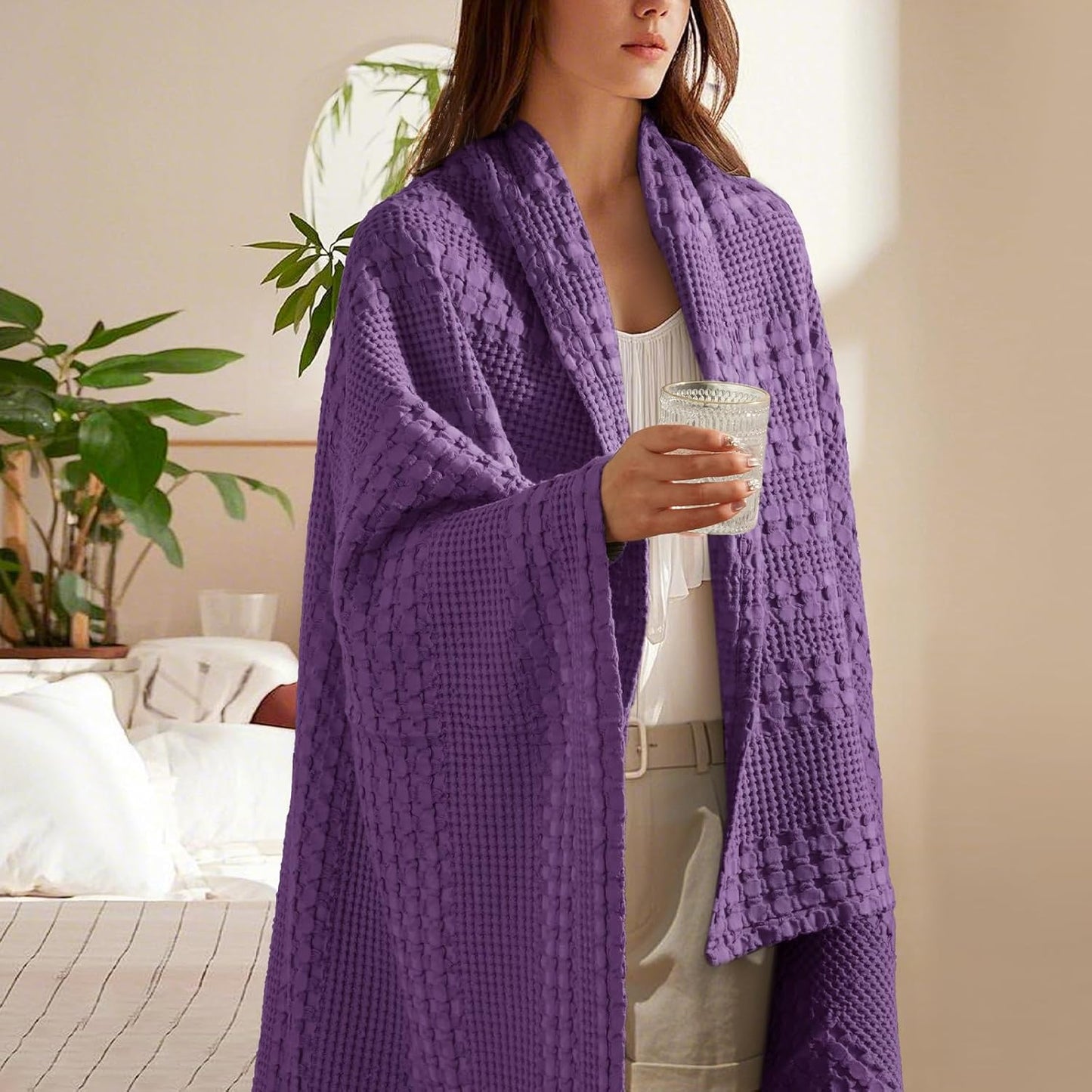 PHF 100% Cotton Waffle Weave Throw Blanket, Soft Lightweight Breathable Cozy Summer Throws for Couch Bed Sofa, Luxury Aesthetic Woven Blanket for Home Decor & Office, 50"x60", Grape