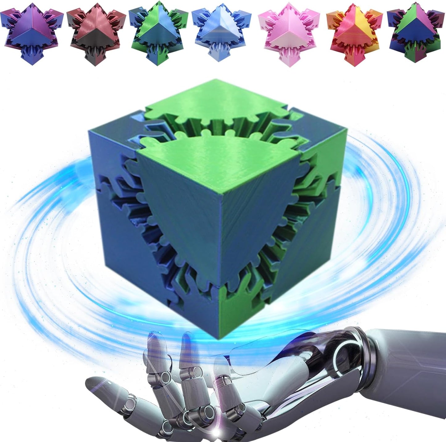 Gear Sphere Gear Cube 3D Printed Gear Ball Spin Cube Fidget Toy Relieving Stress & Anxiety, Fidget Cube GearSphere Desk Toy, Whirling Wonder Fidget for Sensory and Autism (Laser Blue Green)