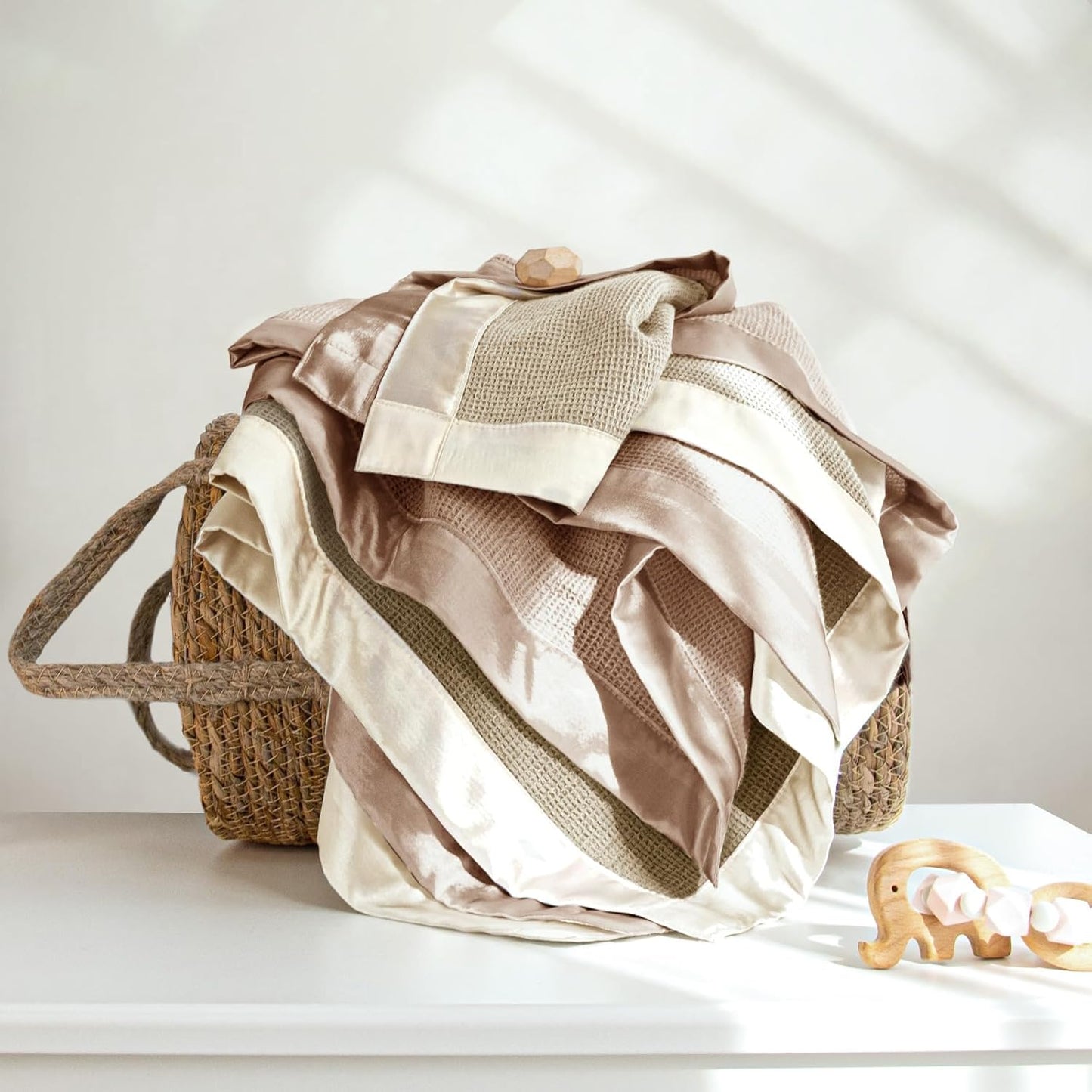 lulumoon Swaddle Baby Blanket: Waffle Blanket with Satin Trim - Soft Breathable Toddler Blankets Perfect for Nursing Cover and Playtime - Cotton Crib Quilt for Daytime Naps 40"x36"(Oat)