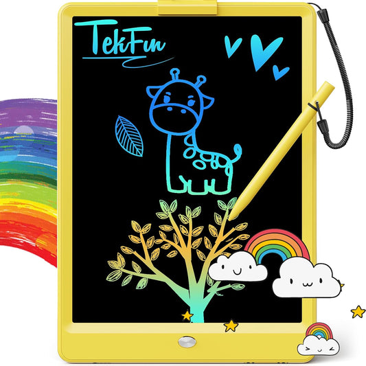 TEKFUN Toys for Girls Boys 10IN LCD Writing Tablet, Magic Doodle Board with Anti-Lost Stylus, Mess Free Coloring for Toddlers Drawing Pad, Toddler Travel Car Plane Trip Toys Gifts (Yellow)