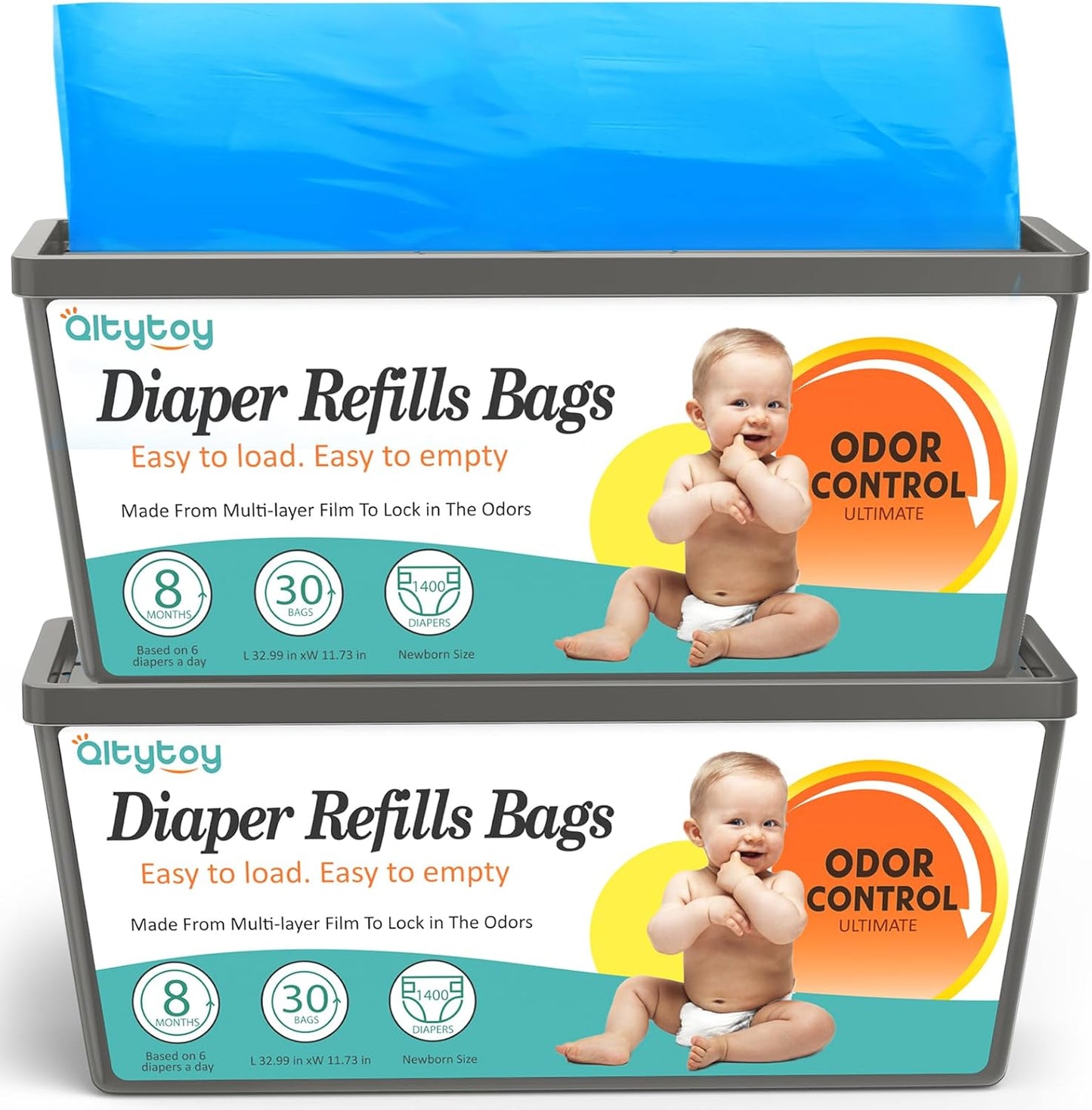 Refills Compatible with Diaper Genie Easy Roll Signature & Platinum Diaper Pail,2-Pack (60 Bags) for 2800 Newborn Diapers,7-Layer Powerful Odor Control.Extra Thickness,Durable & No Tear
