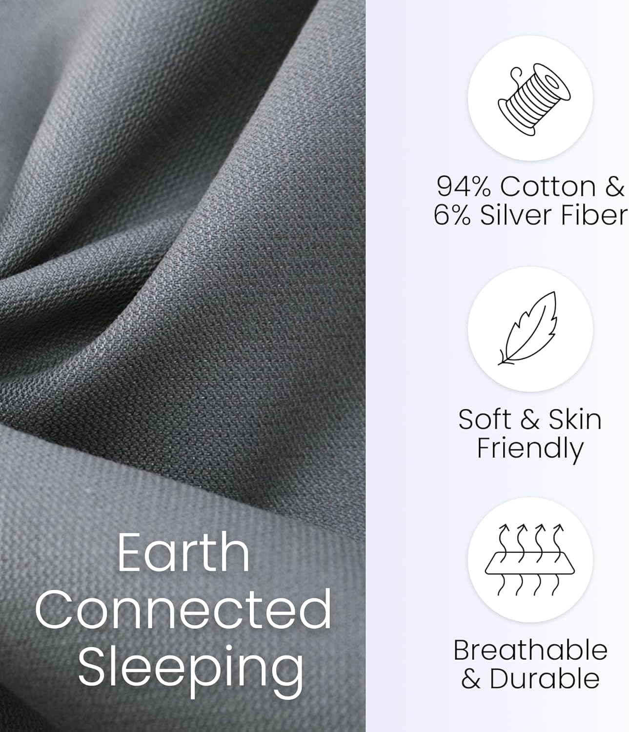 Grounding Sheets, Queen Size, 94% Organic Cotton, 6% Conductive Silver, Fitted, 60"x80"x15", Gray with 15 Ft Cord