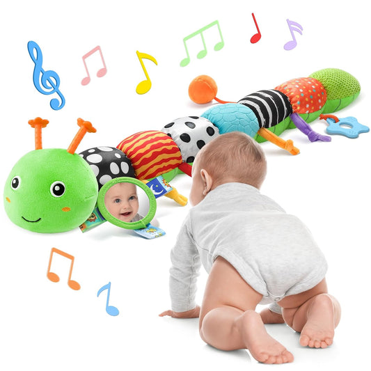 Baby Toys 6-12 Months Music Caterpillar Infant Toys Stuffed Animals 0-3-6 Months Tummy Time Teething Sensory Toys with Mirror Rattle&Pull String for Boys Girls Birthday Gifts|Green,Knot Limb