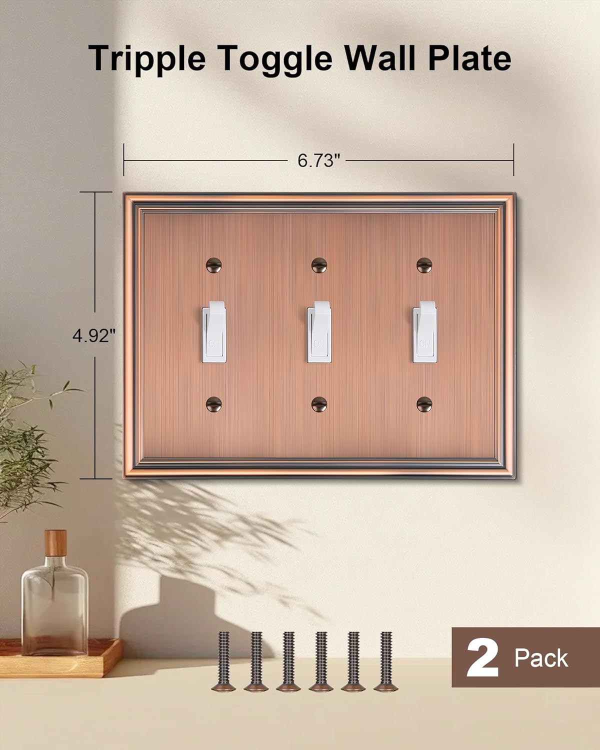 2-Pack Triple Toggle Light Switch Cover Plate, Durable Solid Zinc Alloy Decorative Switch Plate Covers, Antique Copper 3 Gang Wall Plate, Corrosion Resistant