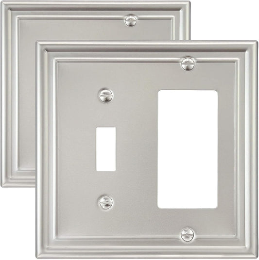 2-Pack Combination 1 Toggle/1 Decorator Wall Plate, Metal Switch Plate and Outlet Cover, Satin Nickel, Midsize, A035 Series