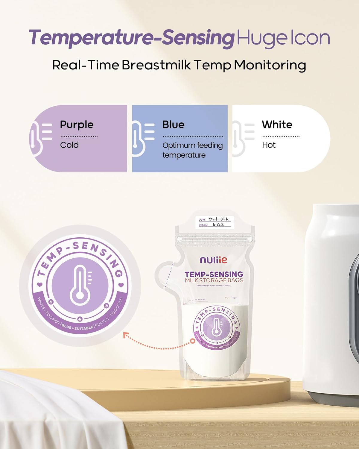Nuliie 150pcs Temp-Sensing Breastmilk Storage Bag, Huge Temp-Sensing Icon & Locking Clamp, 6oz Breast Milk Storage Bags Freezer Pour Spout, Self Standing Milk Storage Bags Breastmilk, BPA-Free No-Leak