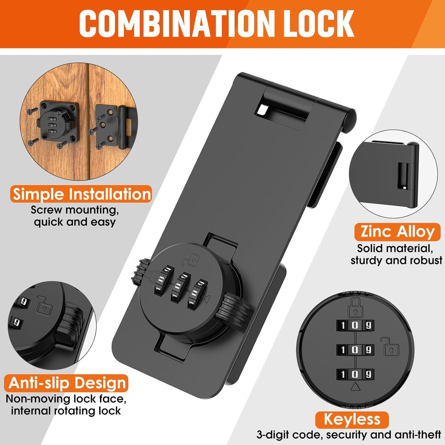 Keyless Cabinet Lock with Combination, Locker Code Lock with 3-Digit Combination, Security Door Lock for Drawers, Lockers, Bifold Doors, Small Doors, Closets, Refrigerators (Black-1pc)