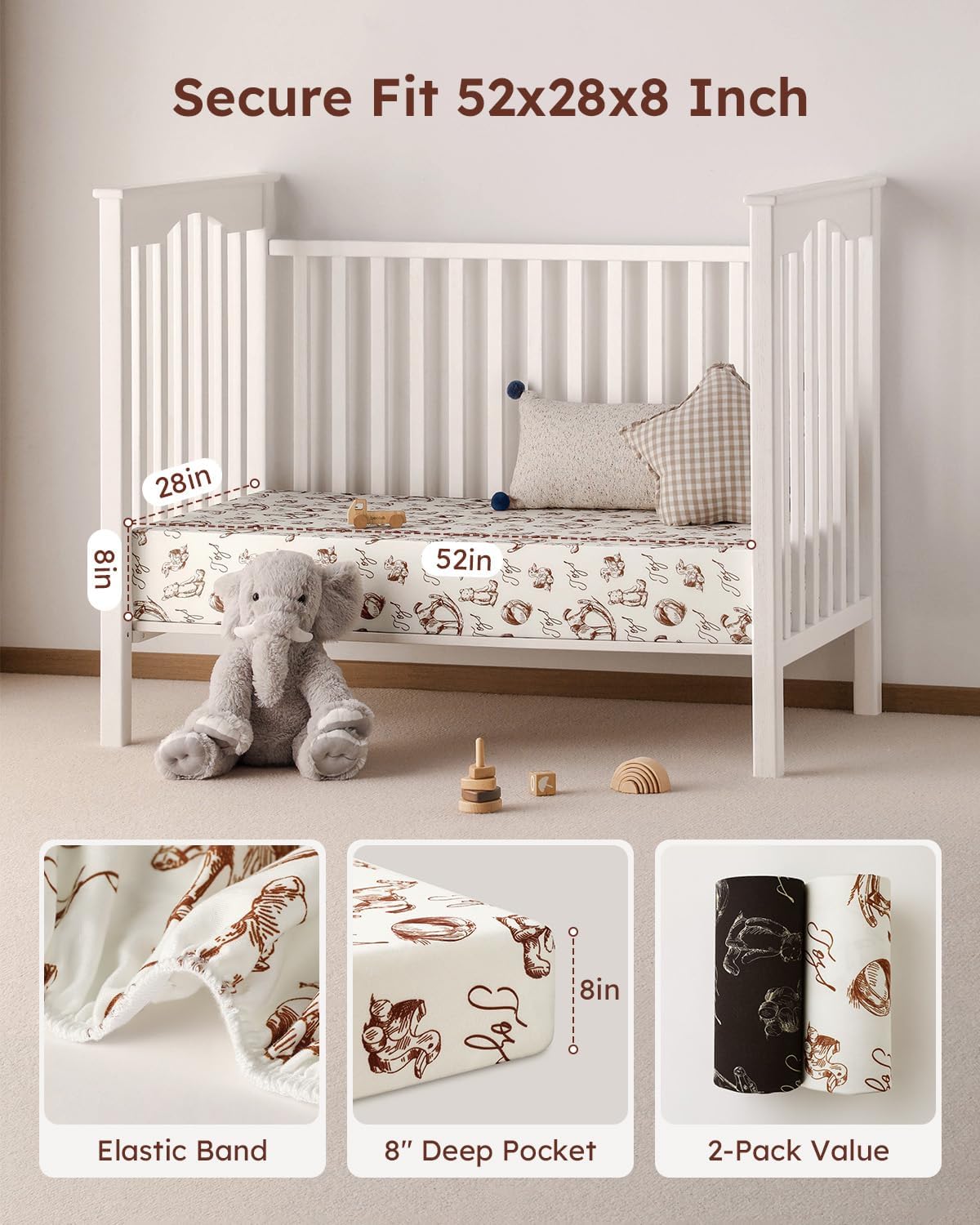 Yoofoss Baby Crib Sheets 2 Pack for Boys and Girls - 52x28 Fitted Crib Sheet Neutral Fits for Standard Crib and Toddler Mattress, Ultra Soft Breathable Microfiber Rocking Horse