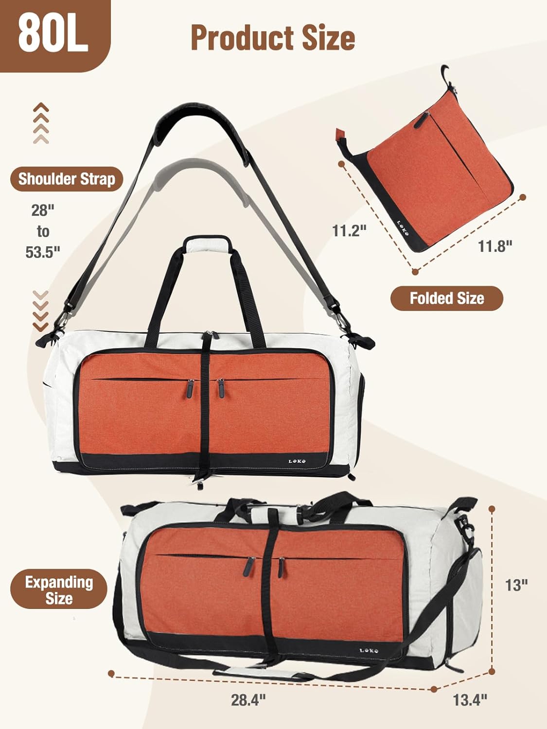 Lekesky Foldable Travel Duffle Bag for Women, Large Duffel Bag with Separate Shoes Compartments & Straps, Carry On Weekend Bag for Women, Hospital, Overnight (Cinnamon & Camel, 80L)