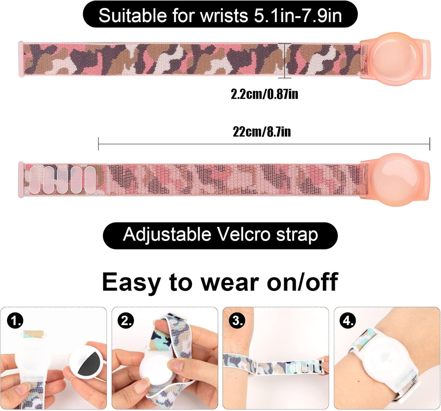 Compatible with Apple AirTag Bracelet for Kids, Camo Nylon Air Tag Wristband, Protective Case for Airtag GPS Tracker Holder, Adjustable Anti Lost Watch Band for Toddler Child Elder (Pink)
