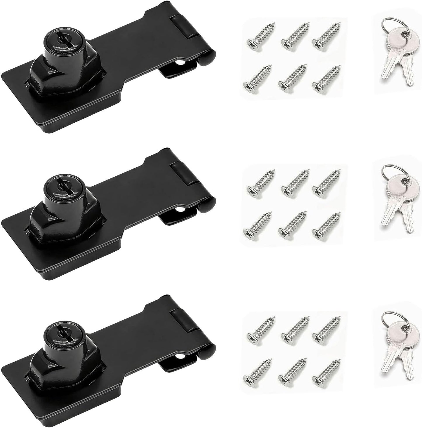 3 Inch Keyed Hasp Lock for Cabinets & Small Doors, Twist Knob Design, Heavy Duty Zinc Alloy with Chrome-Plated Iron, Includes Keys & Screws - Black, 3 Pack