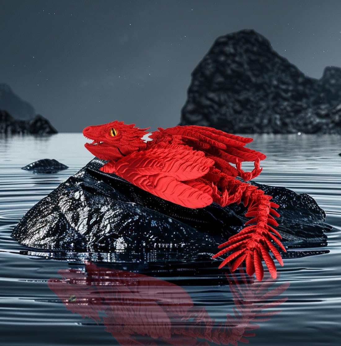 3D Printed Dragon with Wings 3D Printed Animals Articulated Dragon Fidget Dragon 3D Printed Toys Dragon Toy Desk Pets Home Office Decor (Red)