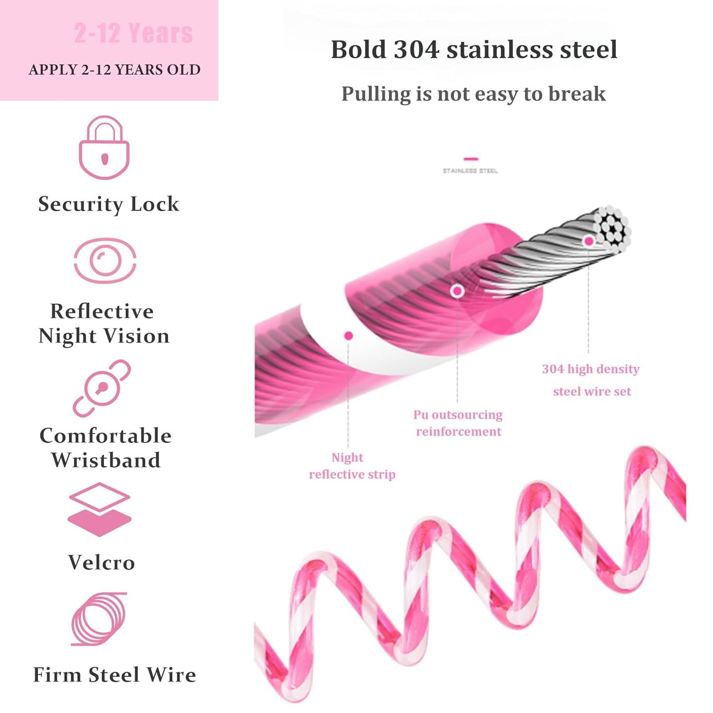 Toddler Harness Walking Leash- Child Anti Lost Wrist Link - Child Safety Harness - Upgrade with Reflective(6.5ft) - for Boys and Girls,Not Easy to Open Without Key (Pink)