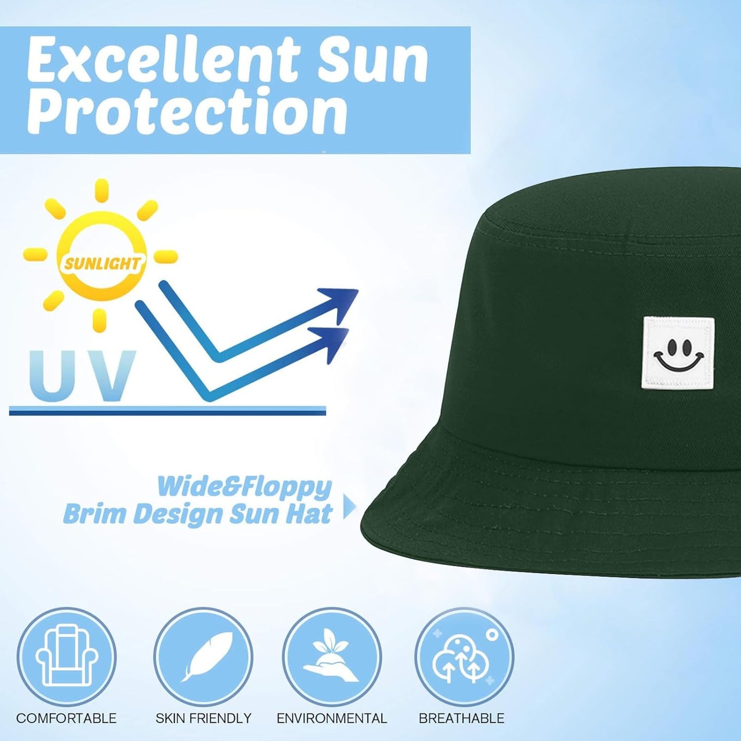 Kids Sun Hat Smile Face Bucket Hat for Girls Boys Summer Sun Protection Cotton Unisex Beach Cap