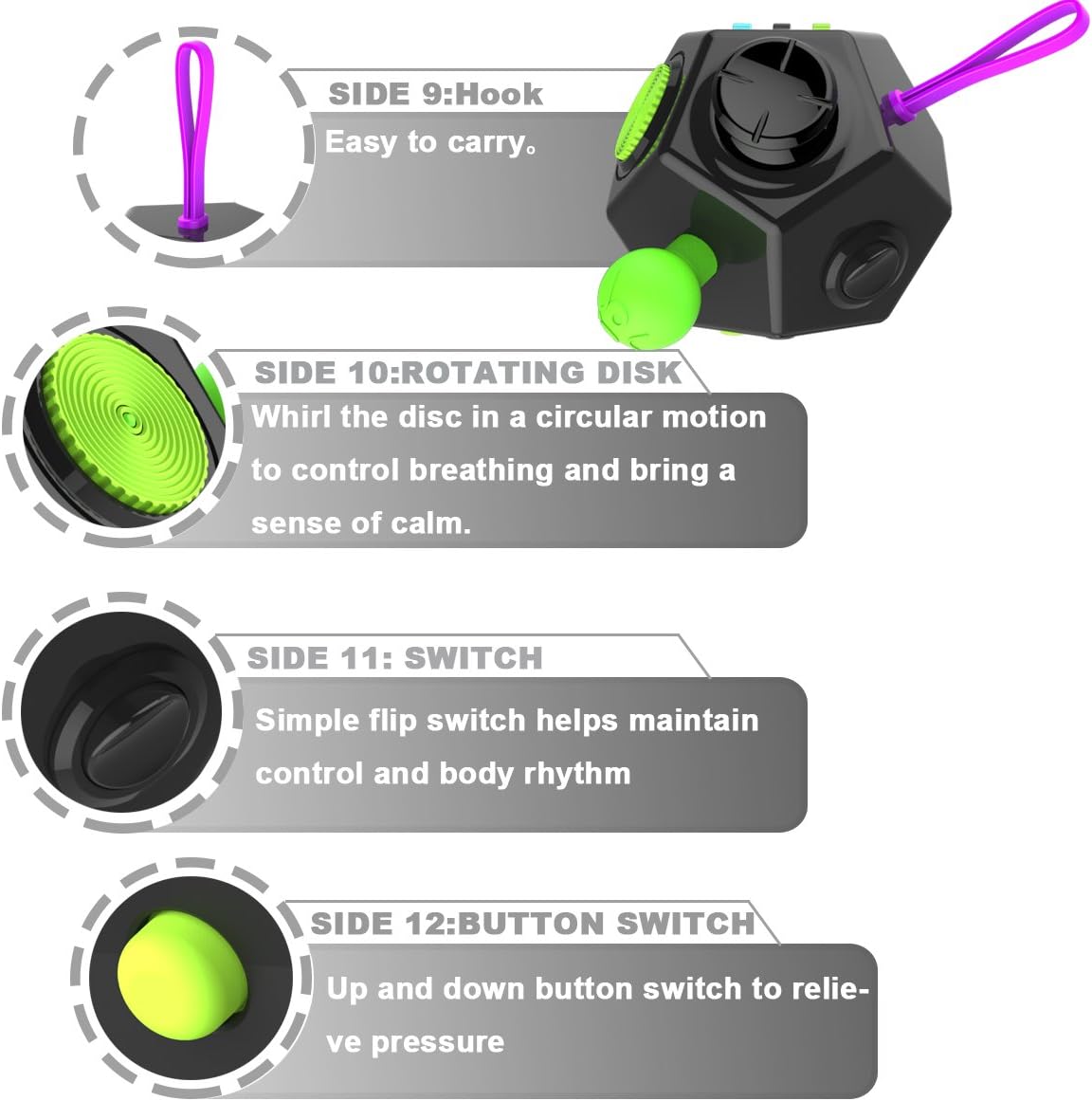 Fidget Dodecagon –12-Side Fidget Toys Cube Relieves Stress and Anxiety Anti Depression Cube for Children and Adults with ADHD ADD OCD Autism (B2 Black Colorful)