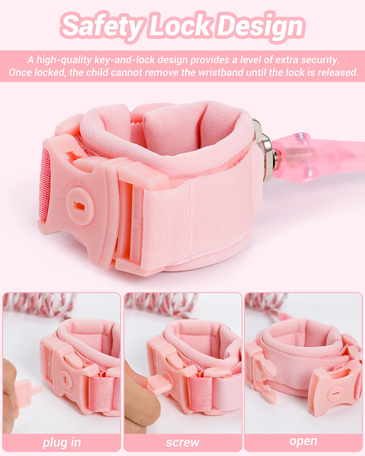 Anti Lost Wrist Link, Dr.meter 2 Pack Toddler Safety Leash with Key Lock, Reflective Child Walking Harness - Dual 8.2ft Length Pink & Blue Parent Kids Leash for Outdoor Activity Travel Gear