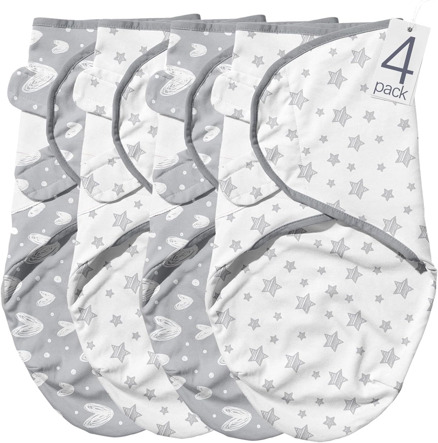 Biloban Baby Swaddles 0-3 Months for Boy & Girl, Cotton Swaddle Blanket, Newborn Essentials, Lovely Grey Print, 4 Pack