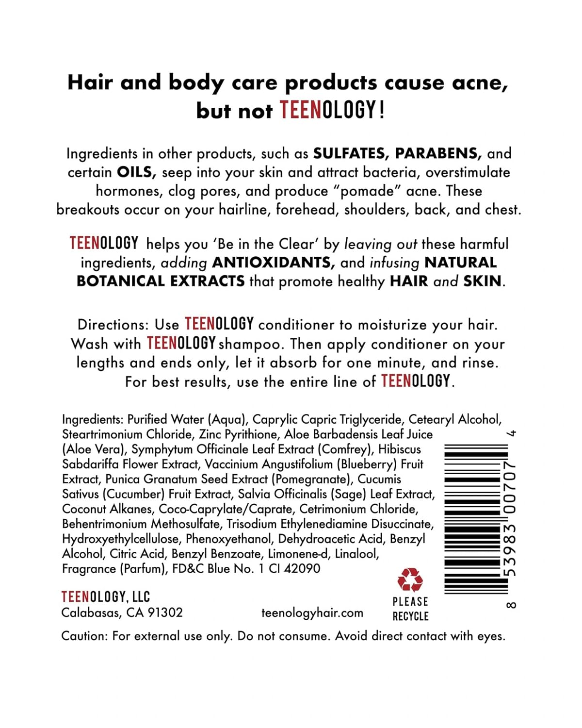Teenology Conditioner for Teens - Avoid Forehead and Body Acne - Sulfate and Paraben Free, Noncomedogenic, Natural Botanical Extracts, Blueberry Pomegranate Cucumber - 16 oz.