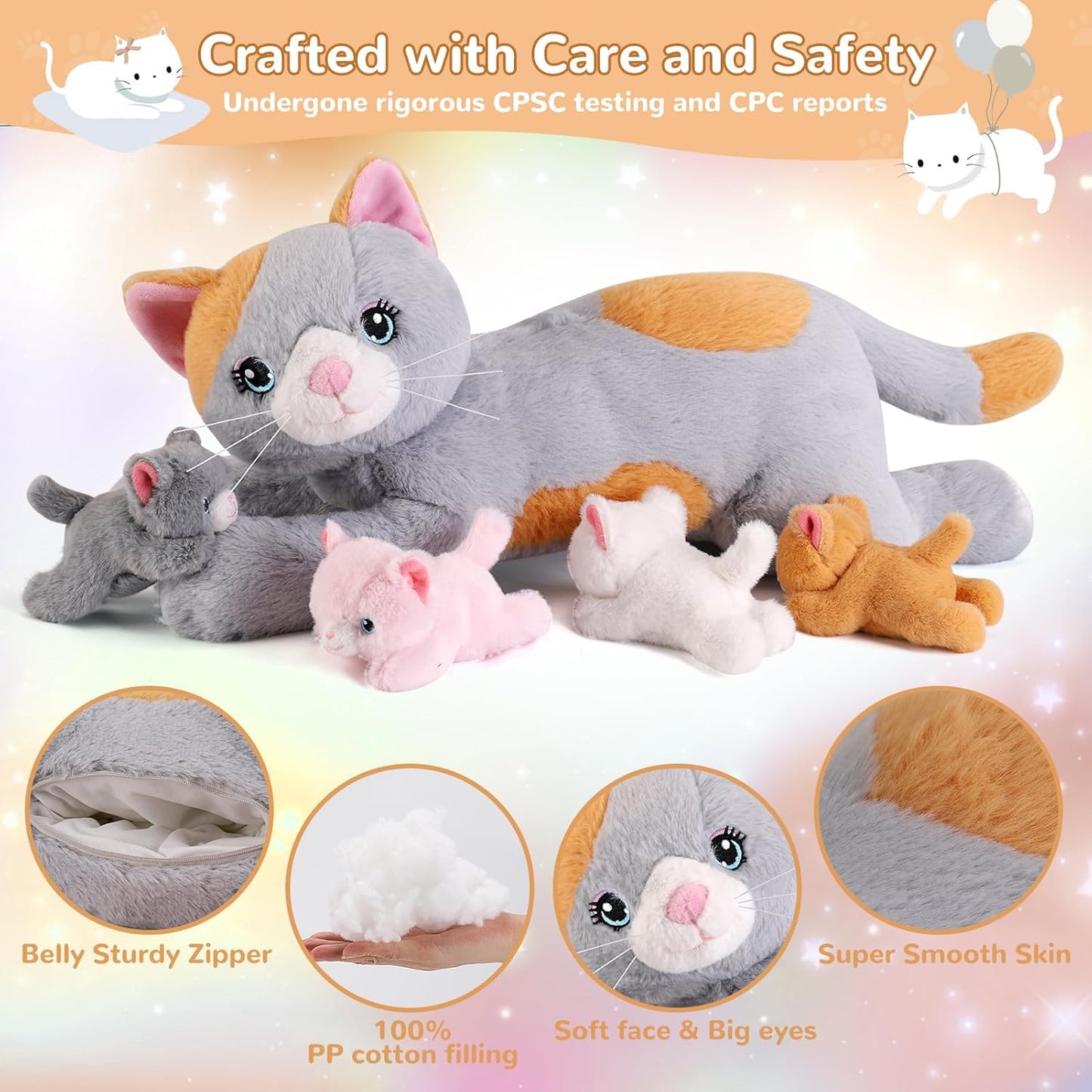 5 Pieces Cat Stuffed Animals with Babies Inside Belly - 1 Mommy Stuffed Cat with 4 Kittens - Stuffed Kitty Plush Toys for Kid Age 3-8, Gift Ideal for Christmas, Valentine's, Birthday (Grey)