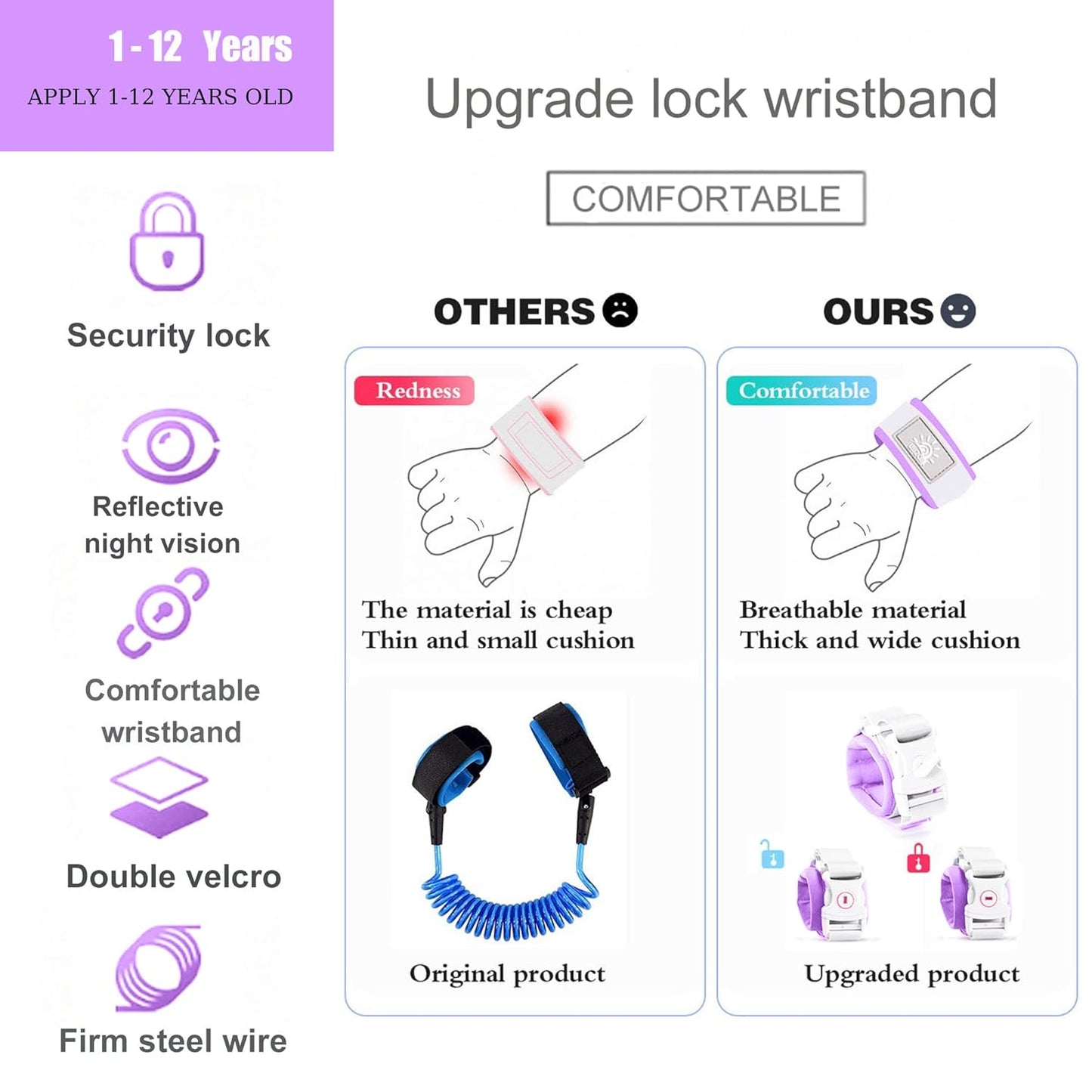 Toddler Harness Walking Leash- Child Anti Lost Wrist Link - Child Safety Harness - Upgrade with Reflective(6.5ft) - for Boys and Girls,Not Easy to Open Without Key (Purple)