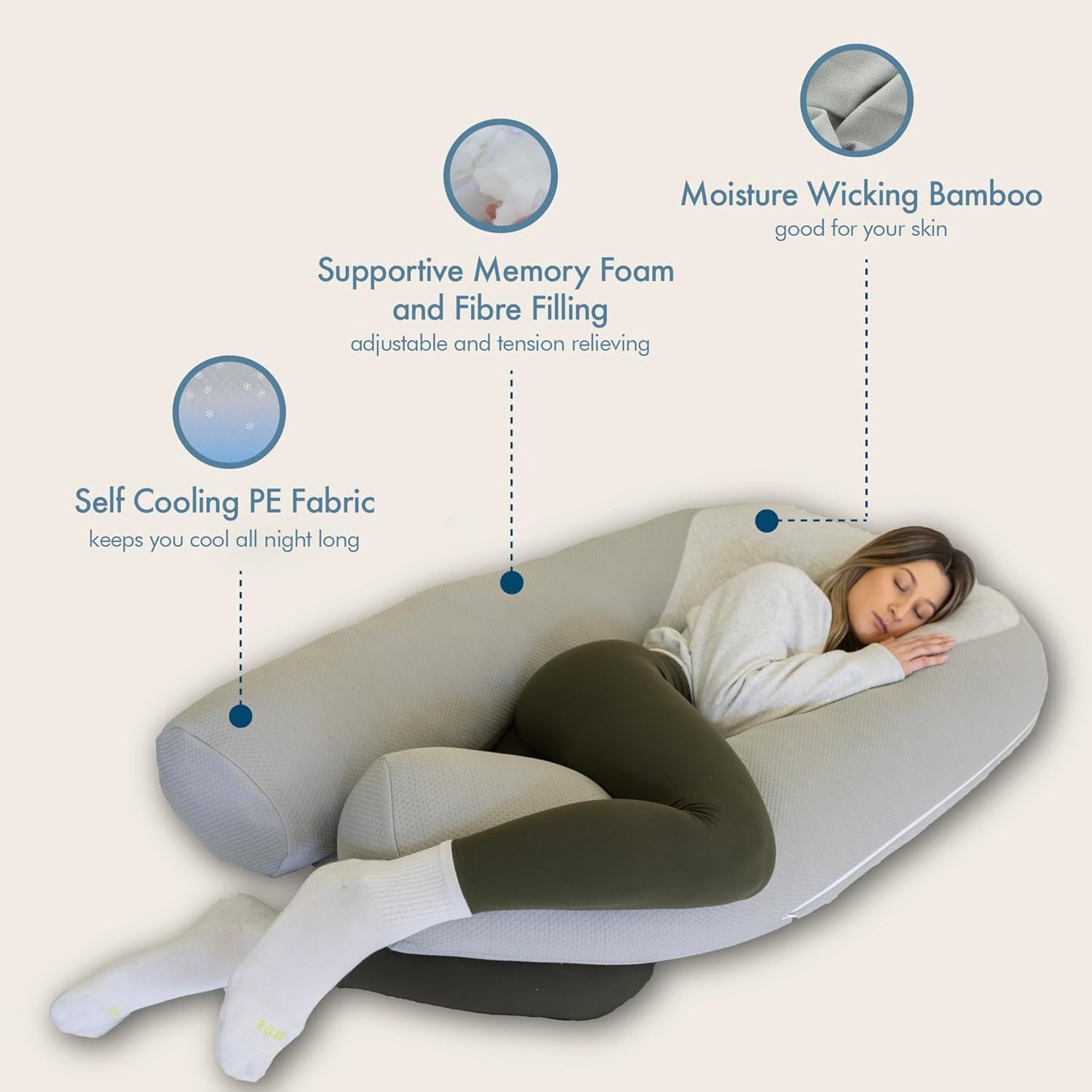 Plufl Hugl Cooling Body Pillow for Adults Made with Memory Foam | U Shaped Maternity Pillows Great for Side Sleepers & Pregnant Women | Washable Cover | White