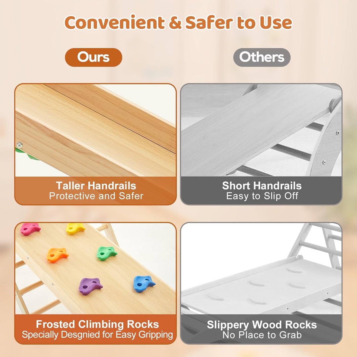 FUNLIO Foldable Pikler Triangle Set (3 Piece), Montessori Climbing Set with Solid Wood for Toddlers 2-6 yrs, Adjustable 3-in-1 Indoor Play Gym with Arch/Slide/Climbing Rock/Triangle, Easy to Install