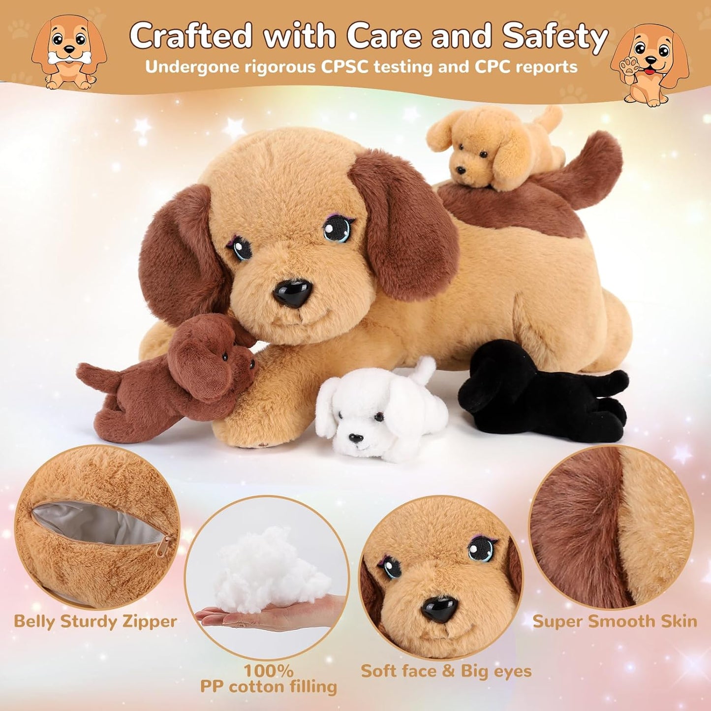 5 Pieces Dog Stuffed Animals with Babies Inside Belly - 1 Mommy Stuffed Dog with 4 Puppy Plush - Stuffed Puppy Plush Toy for Kids Age 3-8, Gifts Ideal for Christmas, Valentine's, Birthday