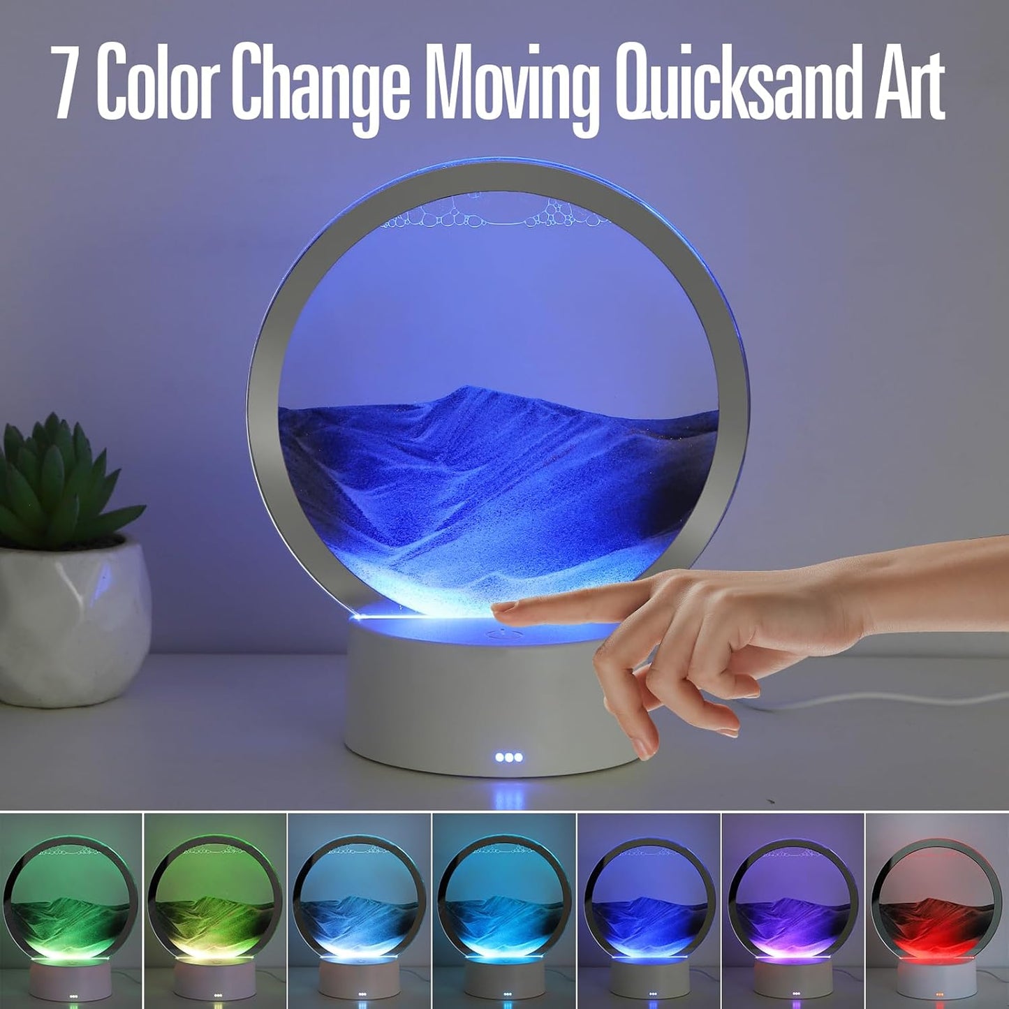 KPNUWN Moving Sand Art Liquid Motion, 3D Deep Sea Sandscape Color Quicksand Decor, Round Glass Moving Sand Art Picture Relaxing Desktop Home Office Work Decor (7 inch-Black Light)