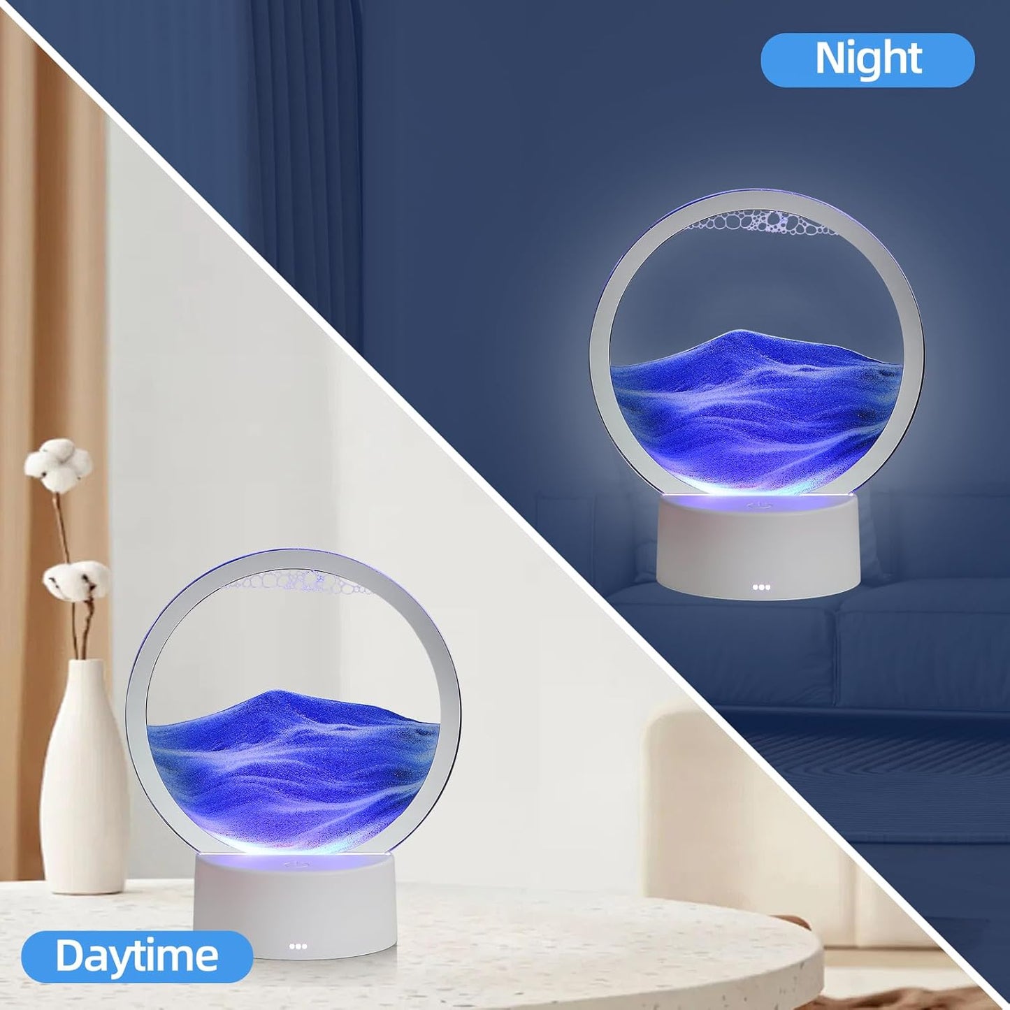 KPNUWN Moving Sand Art Liquid Motion, 3D Deep Sea Sandscape Color Quicksand Decor, Round Glass Moving Sand Art Picture Relaxing Desktop Home Office Work Decor (7 inch-Blue Light)