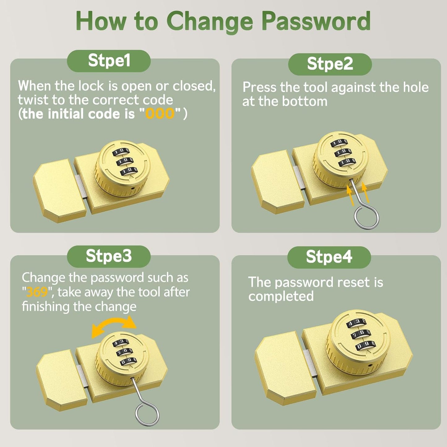 Keyless 3-Digit Combination Lock, Mechanical Stick-on Drawer Latch, Security Adhesive Cabinet Lock for Closet & Barn One-Way Doors (2, Gold)