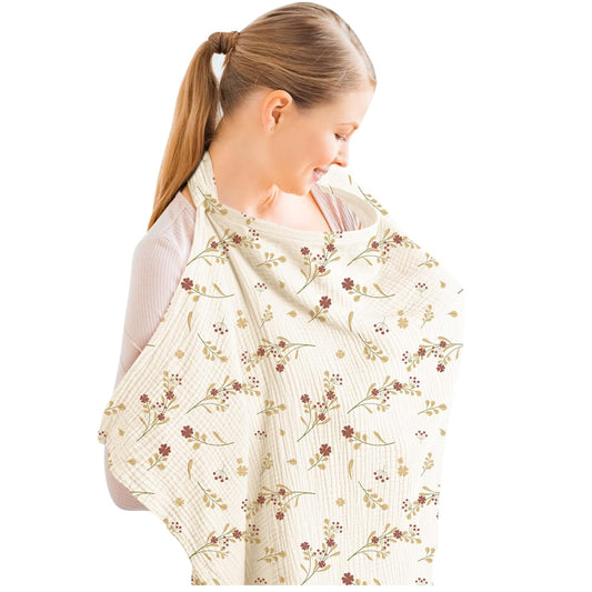 Konssy Muslin Nursing Cover for Baby Breastfeeding, Breathable 100% Cotton Breastfeeding Cover with Rigid Hoop for Mother Nursing Apron, Multi-use Carseat Canopy (Posy)