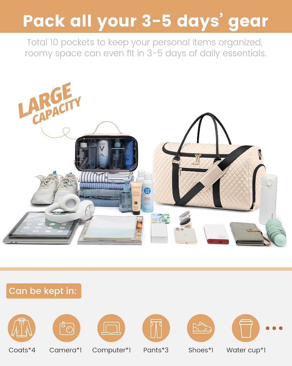 LOVEVOOK Travel Duffle Bag, 40L Weekender Overnight Bag with Toiletry Bag, Quilted Carry On Bag with Shoe Compartment, Gym Duffel Bag with Wet Pocket for Women, Hospital Bags for Labor and Delivery