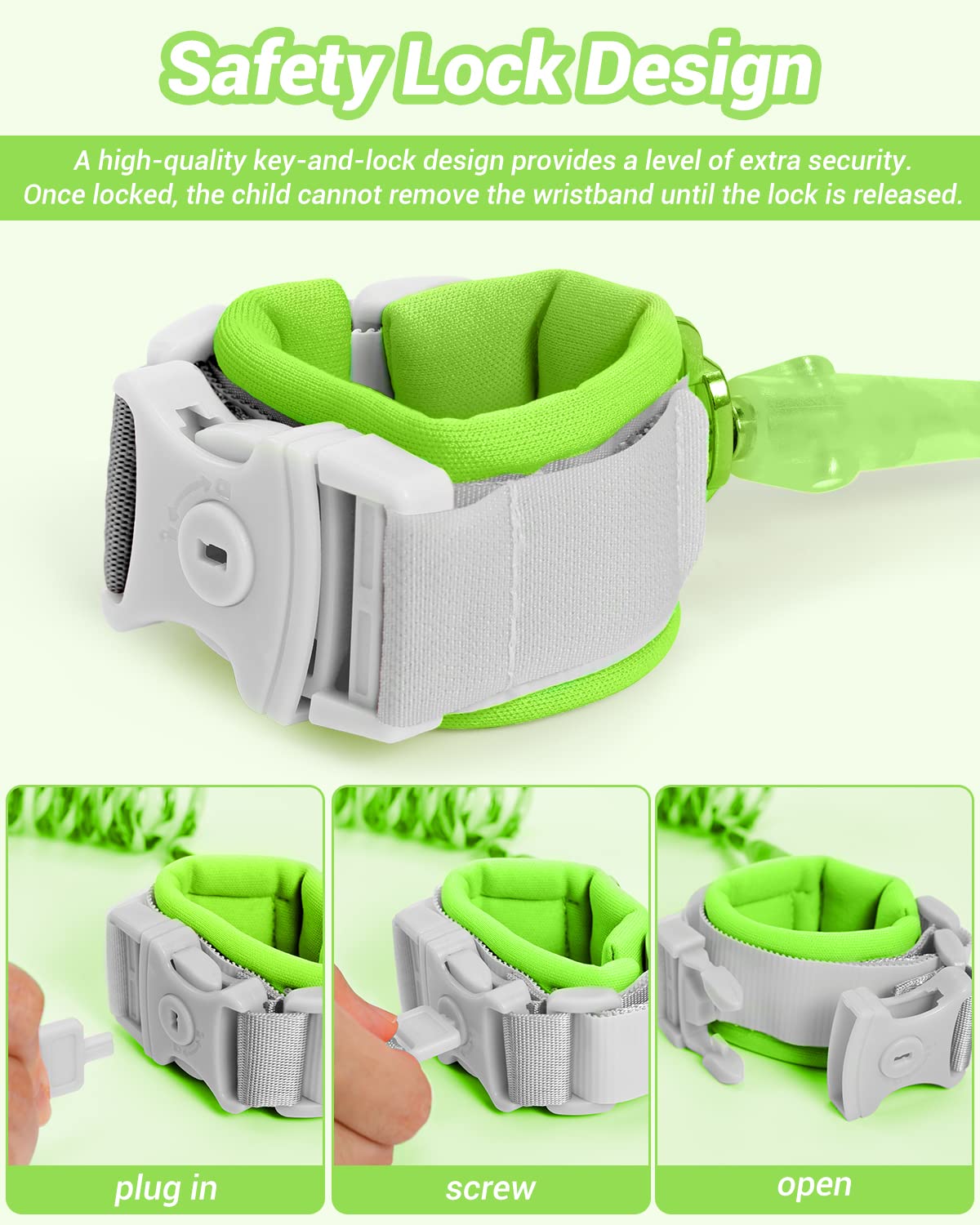 Dr.meter Kids Leash for Toddler, Reflective Anti Lost Wrist Link with Key & Lock, 8.2ft Safety Wristband Child Walking Harness for Supermarket Mall Airport Amusement Park Zoo Travel Essencials