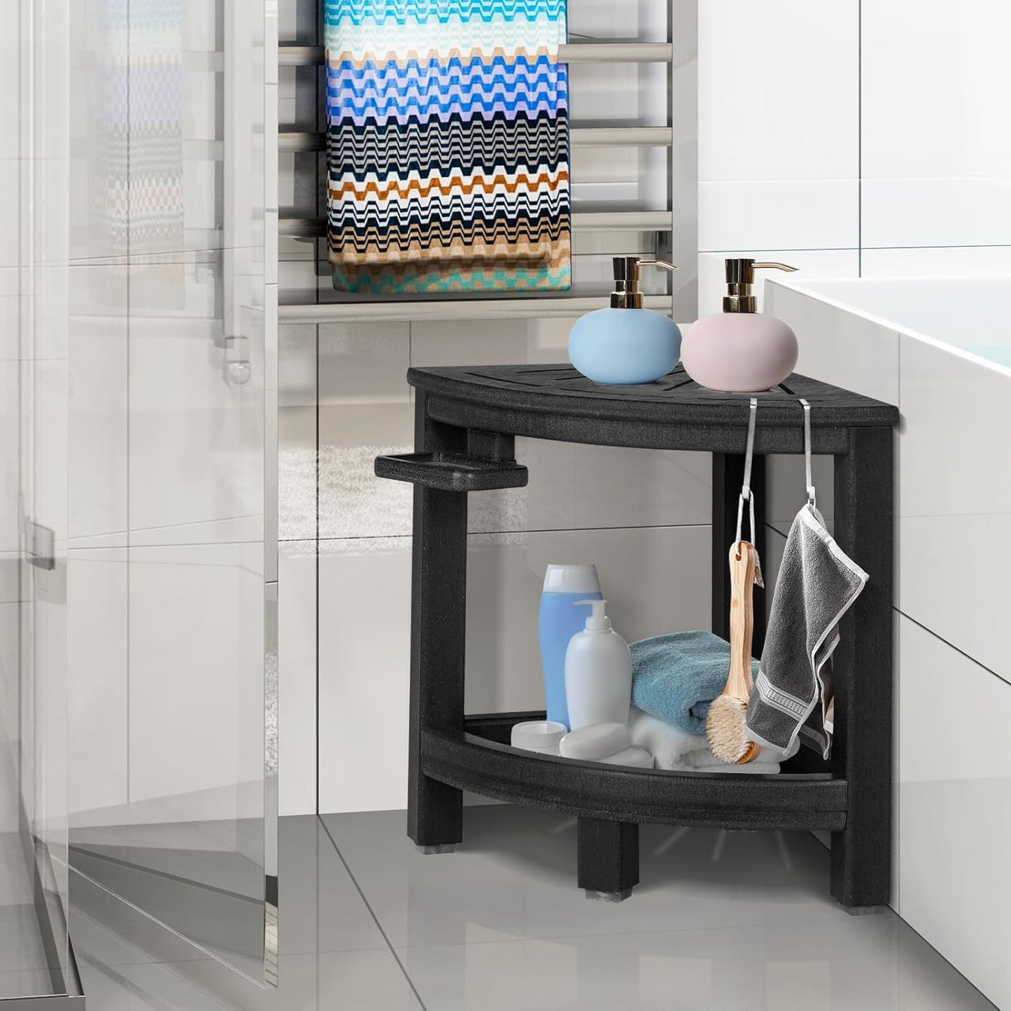2-Tier Corner Shower Stool with Hooks & Soap Dish, HDPE Shower Bench for Shaving Legs, Wood-Like Shower Stool for Inside Shower with Non-Slip Foot Pads, Waterproof Shower Foot Rest (Black)