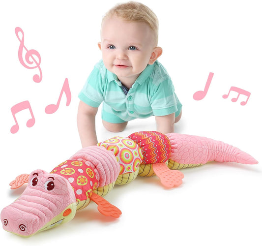 LIGHTDESIRE Baby Toys Musical Crocodile,Infant Toys Stuffed Animals Toy with Ruler Design and Ring Bell,Baby Teething Toy for Tummy Time Newborn Boys Girls 0 3 6 12 Months(Pink)