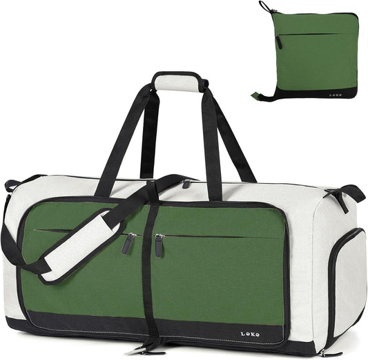 Lekesky Foldable Travel Duffle Bag for Women, Large Duffel Bag with Separate Shoes Compartments & Straps, Carry On Weekend Bag for Women, Hospital, Overnight (Green & Camel, 80L)