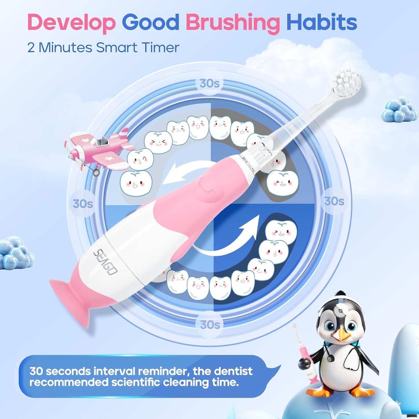 SEAGO Toddler Electric Toothbrushes for Baby Ages 0-3 Years, Baby Toothbrush with Smart Timer and Suction Base, 4 Replacement Brush Heads SG-513(Pink-C)