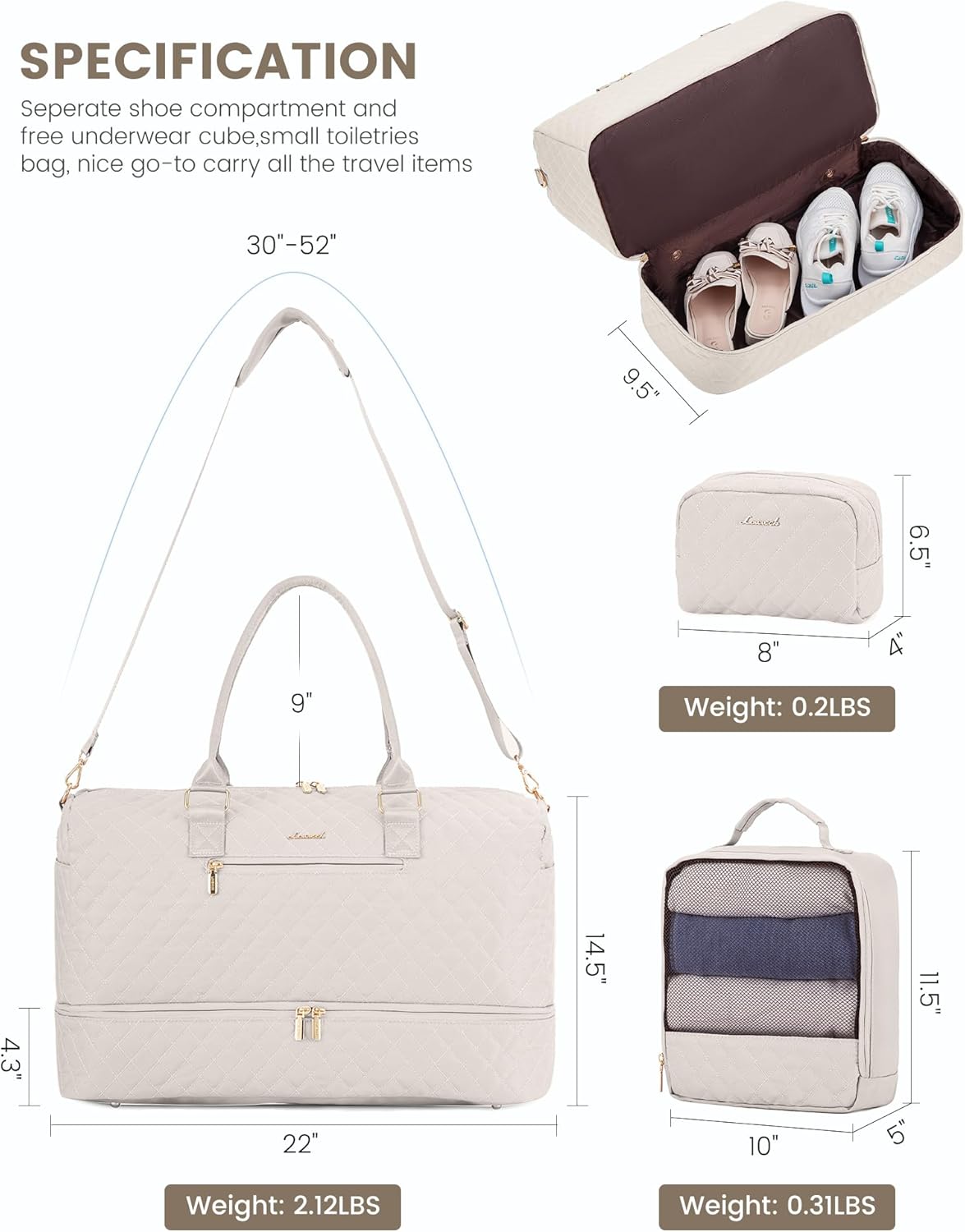 LOVEVOOK Travel Duffle Bag for Women, Weekender Overnight Bag with Shoe Compartment, Carry on Bag with Toiletry Bag, Gym Duffel Bag with Wet Pocket, Hospital Bags for Labor and Delivery 3 Pcs Set