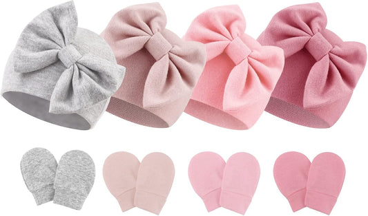 BQUBO Newborn Baby Hats Mittens Set Hospital Hat Beanie Infant Bow Hats Baby Gloves No Scratch Mittens for 0-6 Months