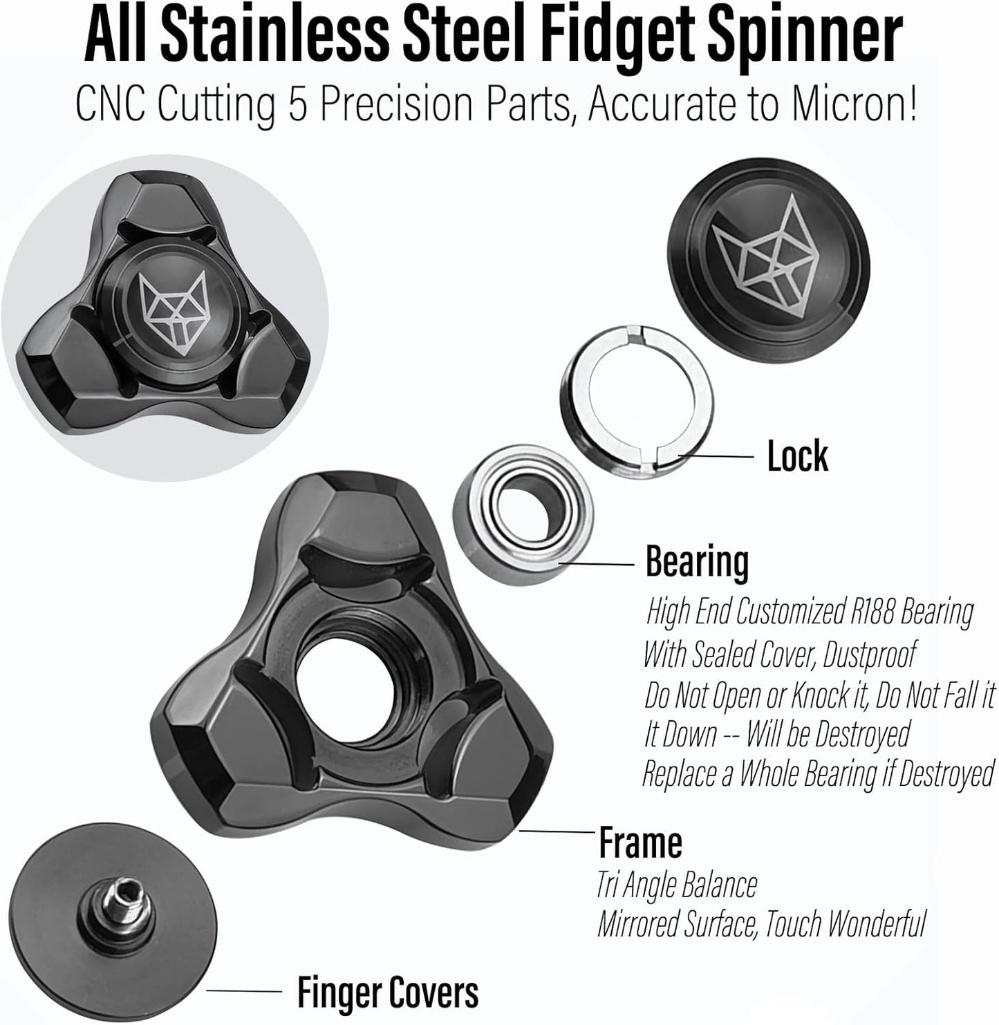 FREELOVE Metal Fidget Spinner, Stainless Steel Heavy, Long Spinning Toys, Cool Silent, Small Mini Fox Figette Spiner for Adults Men Anxiety, Quiet Bearing, Black