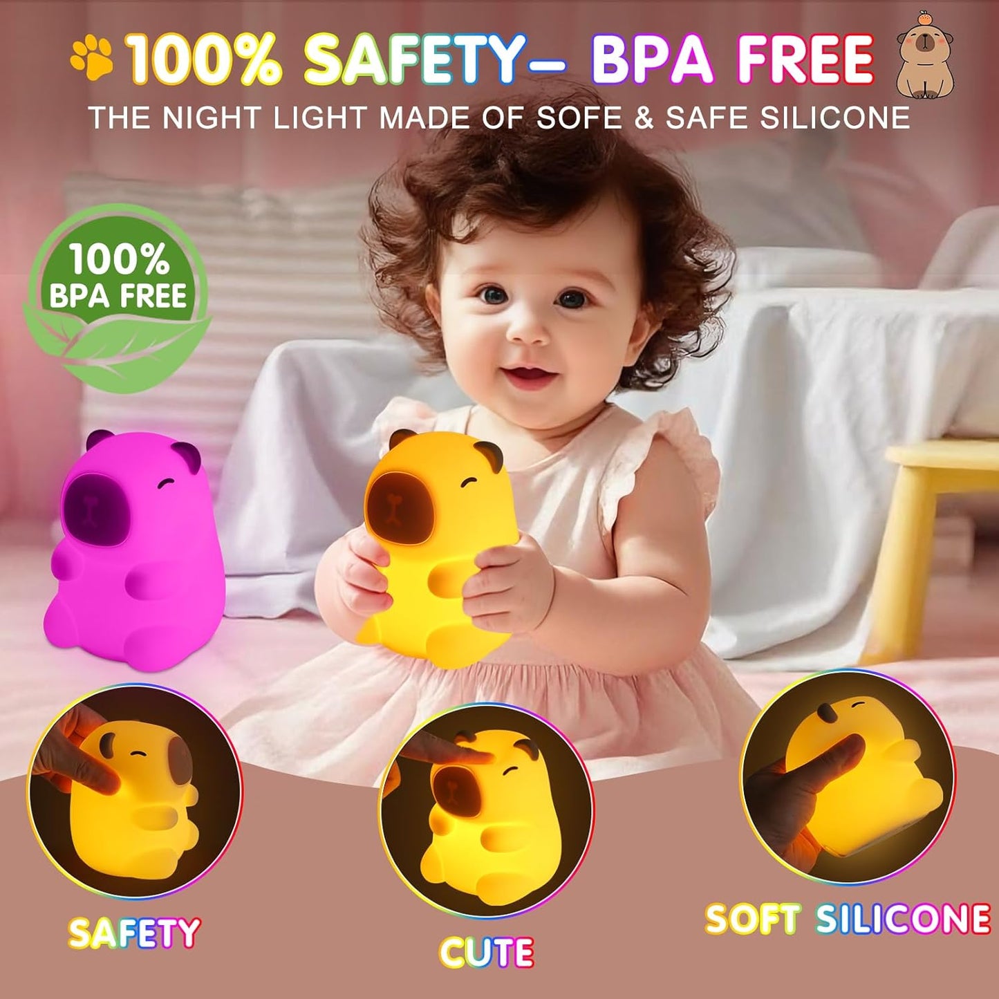 Night Light for Kids, 7 Color Changing BPA-Free Silicone Lamp with Touch Control, Eye Protection, Rechargeable Battery, Soft & Safe Nursery Lamp for Boys & Girls (Turtle Backpack Capybara)