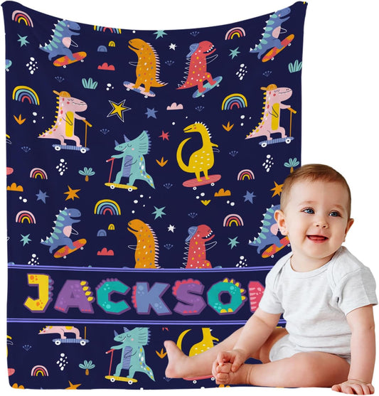 Personalized Dinasour Name Baby Blanket, Custom Cute Alphabet Name Blanket Toddler Boy Soft Flannne Swaddling Blankets Customized Monogram Memorial Gift from Nana for Infant Newborn Shower