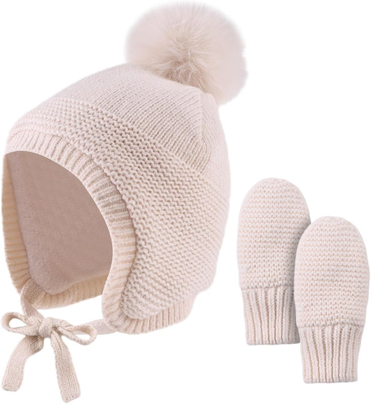 Basic Winter Baby Beanie Gloves Boys Girls Knitted Hat Pompom Kids Earflap Hats Warm Infant Toddler Beanie Mittens Set