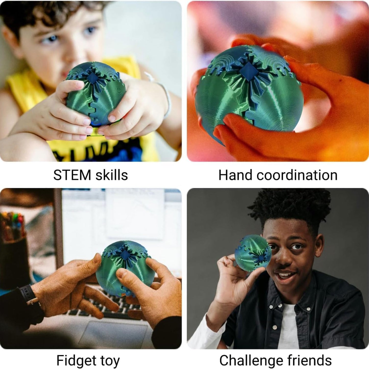 Gear Ball, Gear Sphere 3D Printed Gear Ball Fidget Toy Spin Ball, GearSphere Desk Toy, Stress Ball, Fidget Ball, Gear Toy for Stress and Anxiety Relaxing (Laser Yellow Blue)