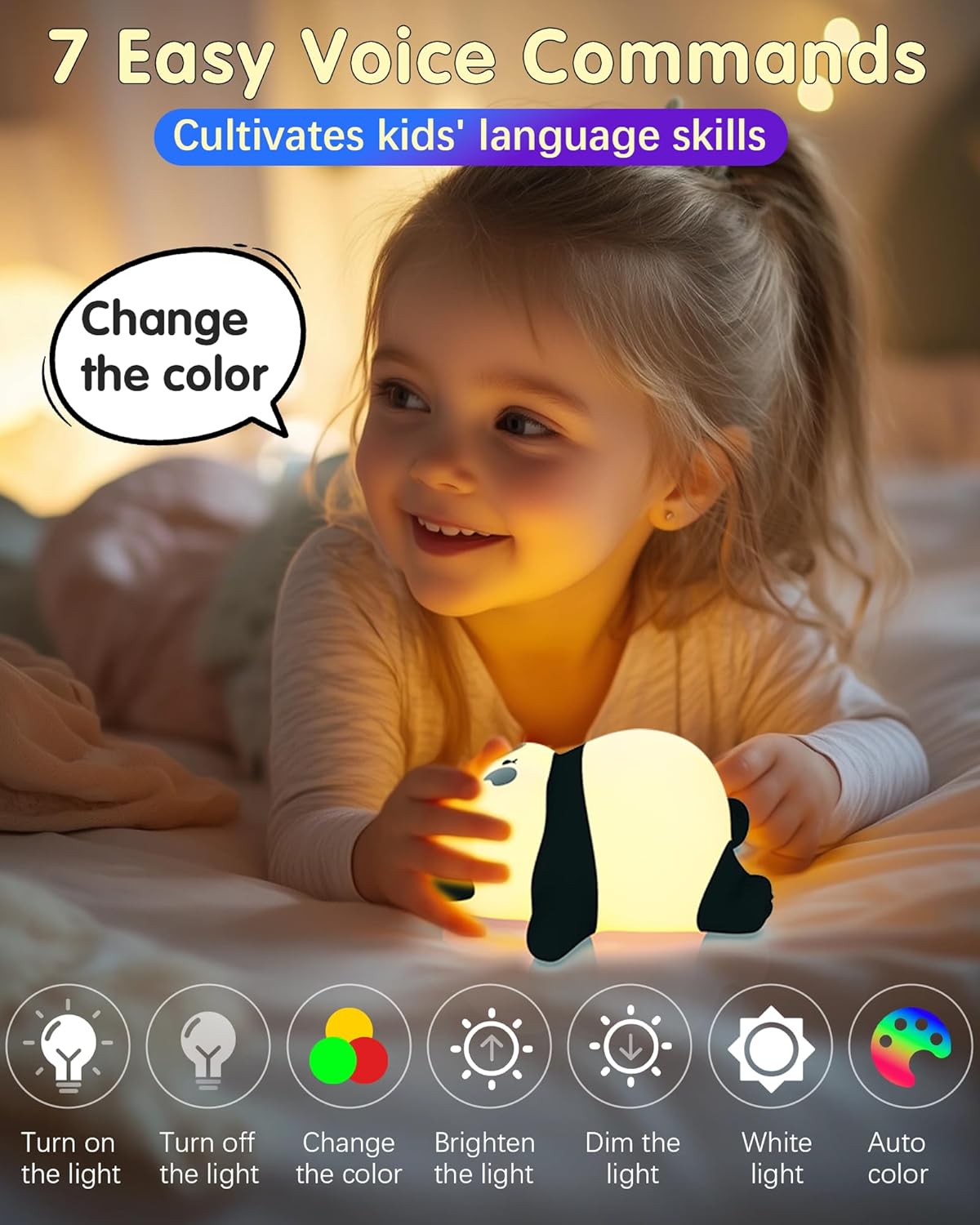 Voice Control Panda Night Light, 6 Colors 30-Minute Timer, Cute Animal Silicone Nursery Night Light Rechargeable Table Lamp Bedside Lamp with Touch Sensor for Baby Girls Women Bedrooms, Living Room